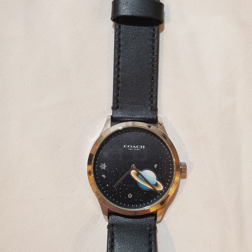 COACH Black Leather Strap Watch with Planet Design